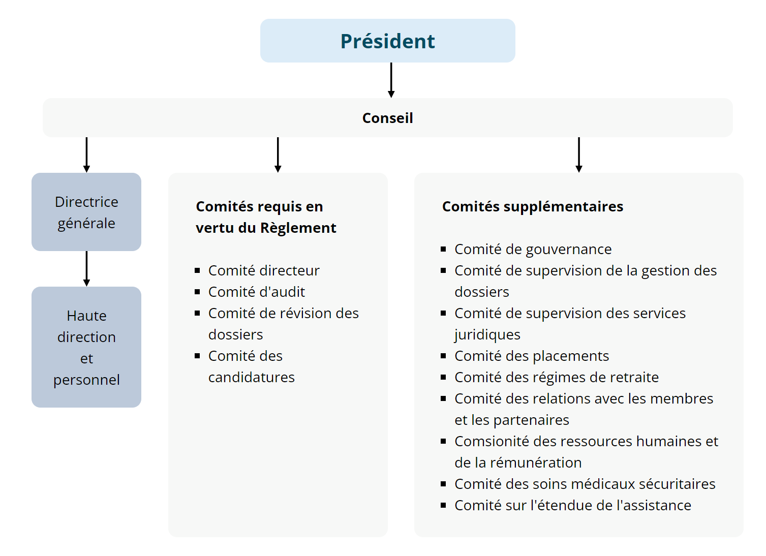 Organigramme des comités : 1) Président > Conseil. 2) Conseil > Directrice générale > Haute direction et personnel. 3) Conseil > Comités requis en vertu du Règlement : Comité directeur, Comité d'audit, Comité de révision des dossiers, Comité des candidatures. 4) Conseil > Comités supplémentaires : Comité de gouvernance, Comité de supervision de la gestion des dossiers, Comité de supervision des services juridiques, Comité des placements, Comité des régimes de retraite, Comité des relations avec les membres et les partenaires, Comité des ressources humaines et de la rémunération, Comité des soins médicaux sécuritaires, Comité sur l'étendue de l'assistance.